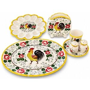 Vintage UCAGCO Japan Rooster 7 Pc Serving Set Platter Egg Plate S&P Napkin